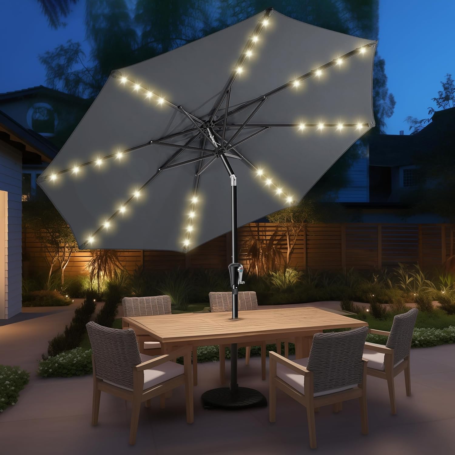 9 Feet Solar Patio Umbrella  LED Lighted Market Table Umbrella with Crank & Push Button Tilt