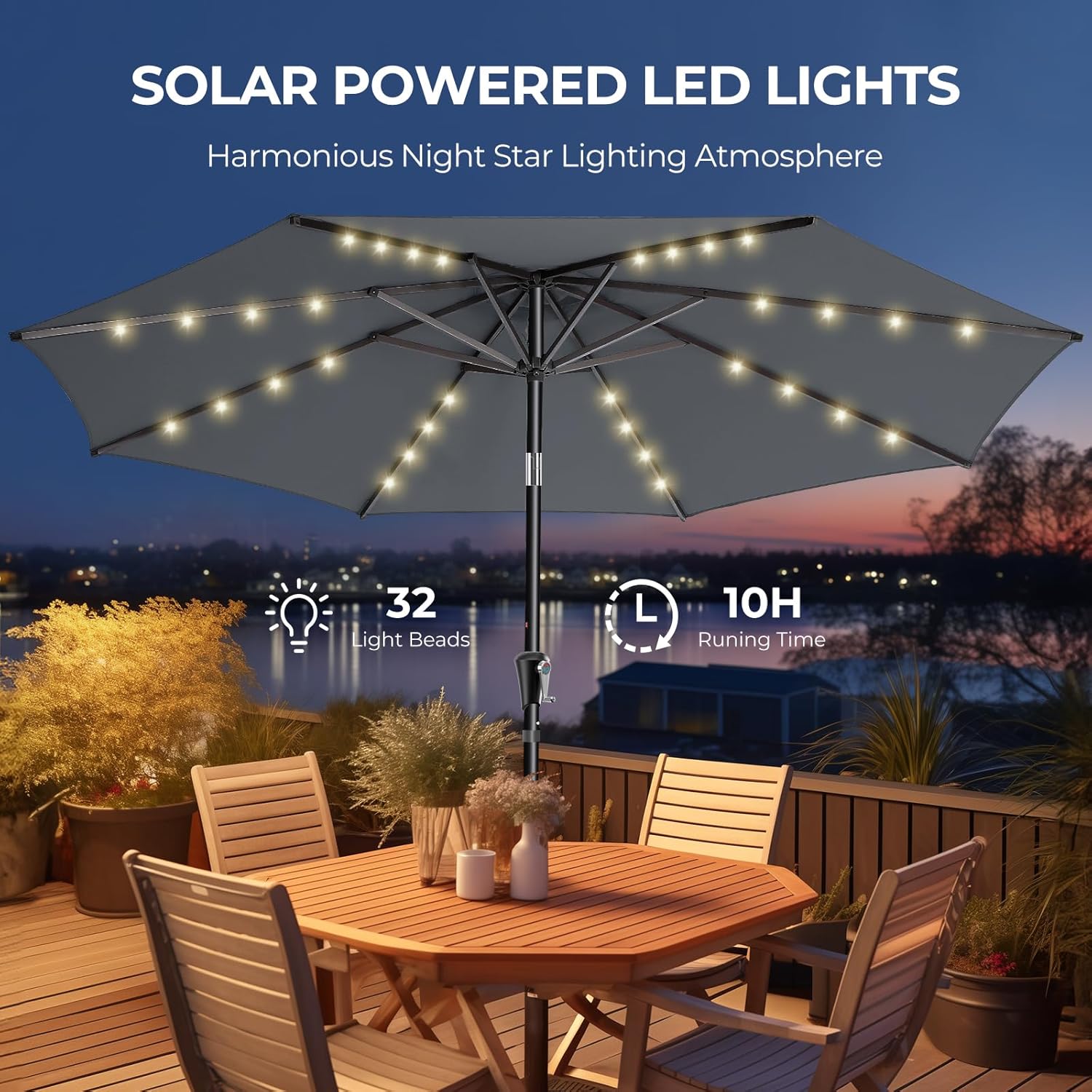 9 Feet Solar Patio Umbrella  LED Lighted Market Table Umbrella with Crank & Push Button Tilt