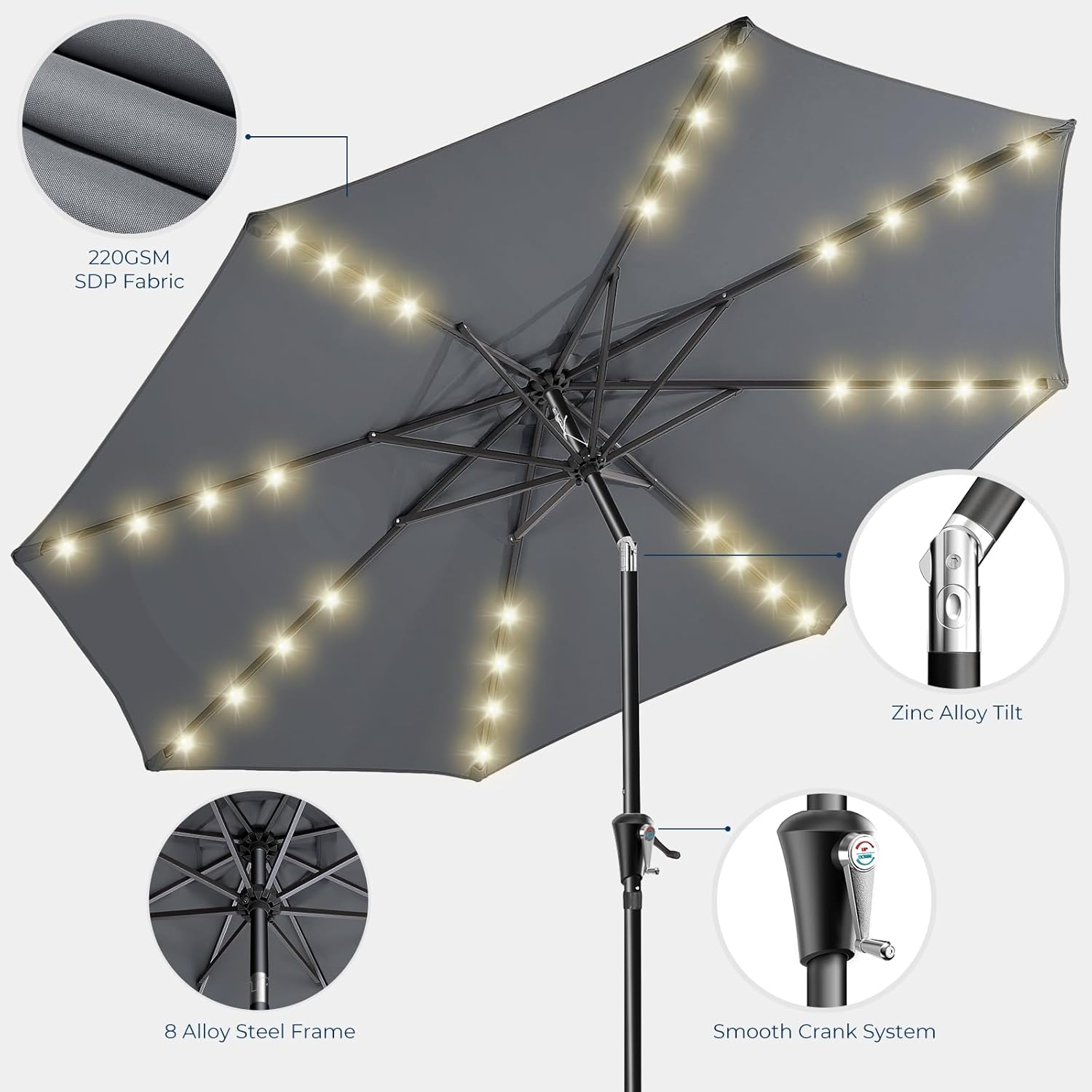 9 Feet Solar Patio Umbrella  LED Lighted Market Table Umbrella with Crank & Push Button Tilt