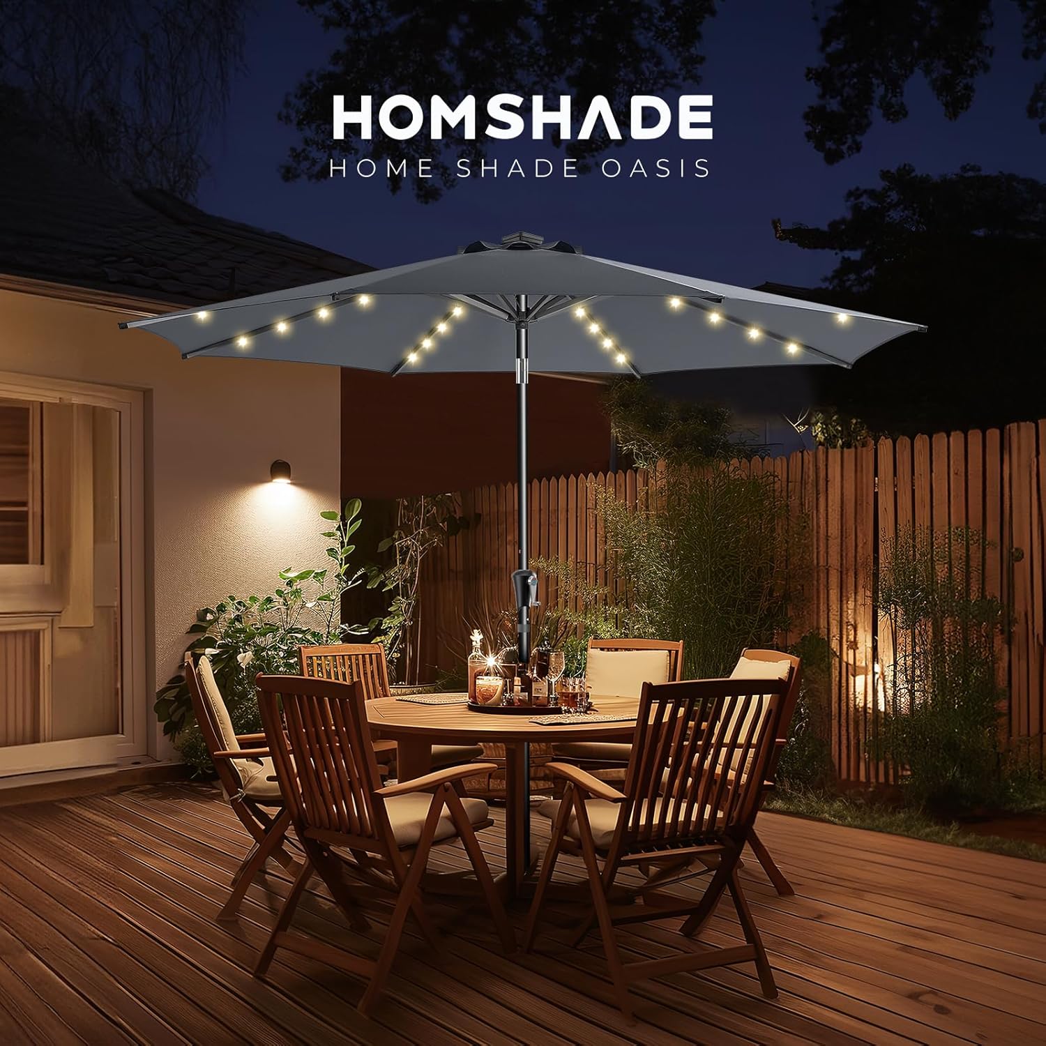 9 Feet Solar Patio Umbrella  LED Lighted Market Table Umbrella with Crank & Push Button Tilt