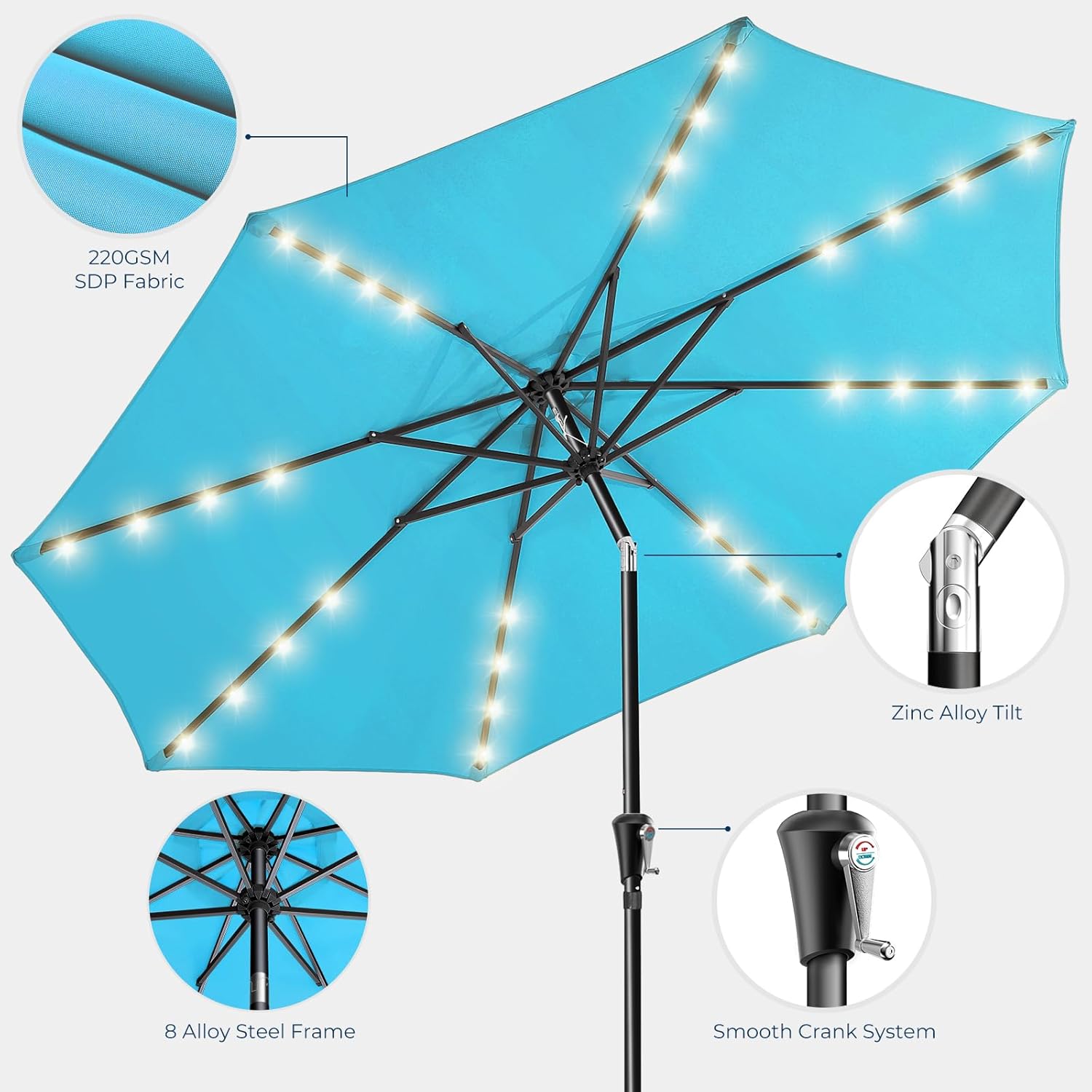 9 Feet Solar Patio Umbrella  LED Lighted Market Table Umbrella with Crank & Push Button Tilt