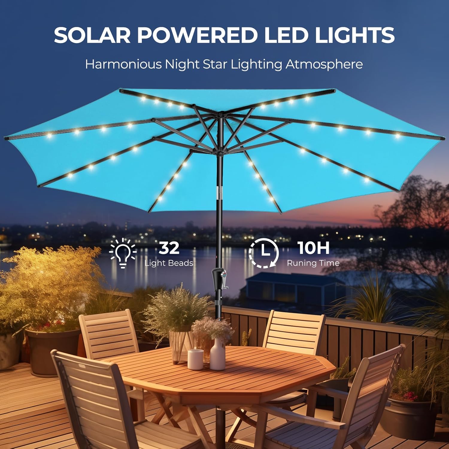 9 Feet Solar Patio Umbrella  LED Lighted Market Table Umbrella with Crank & Push Button Tilt