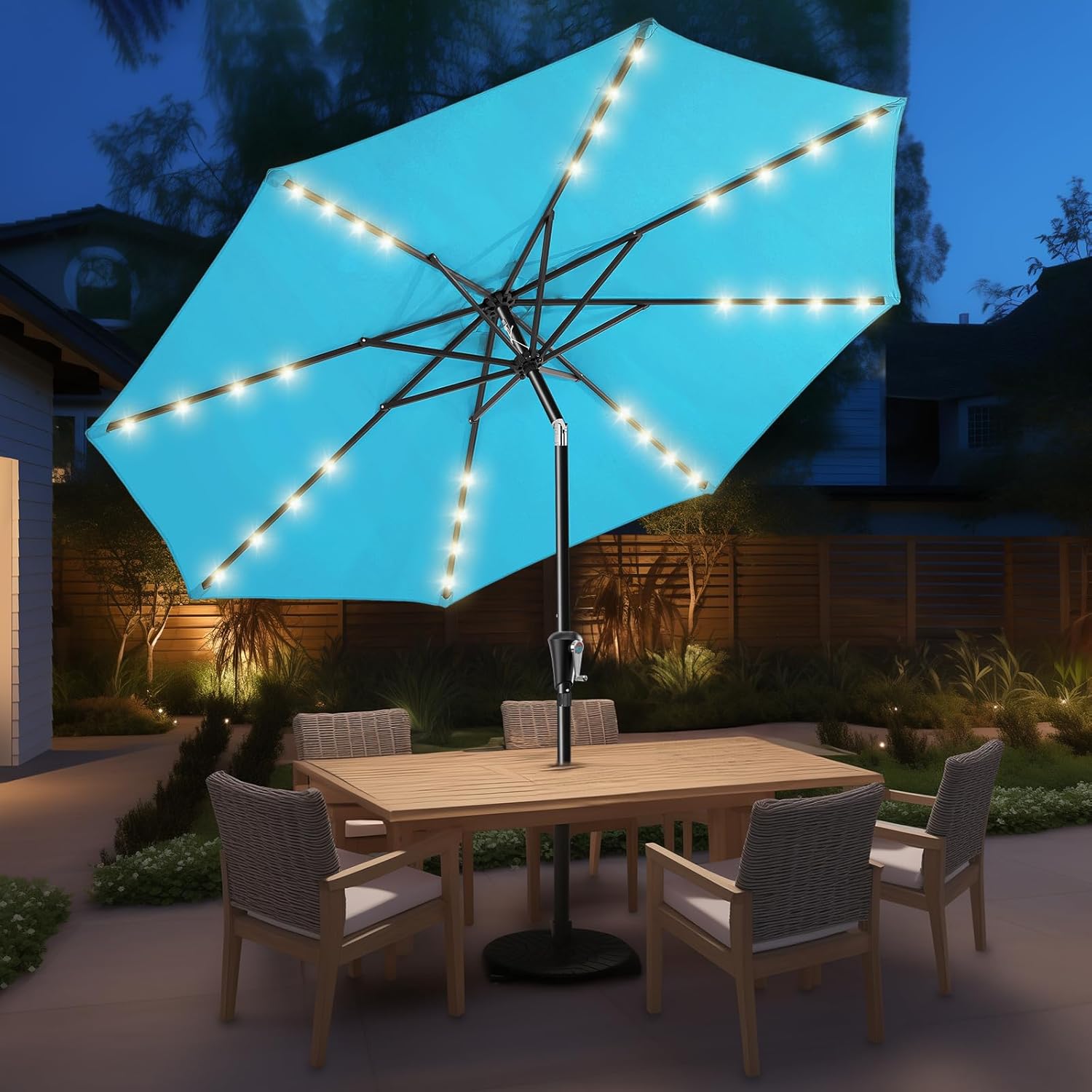 9 Feet Solar Patio Umbrella  LED Lighted Market Table Umbrella with Crank & Push Button Tilt