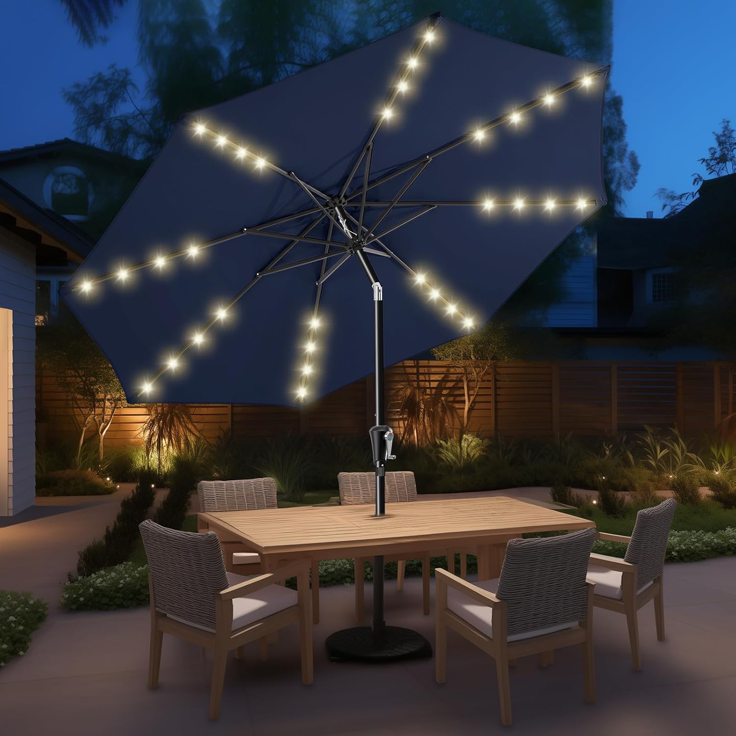 9 Feet Solar Patio Umbrella  LED Lighted Market Table Umbrella with Crank & Push Button Tilt