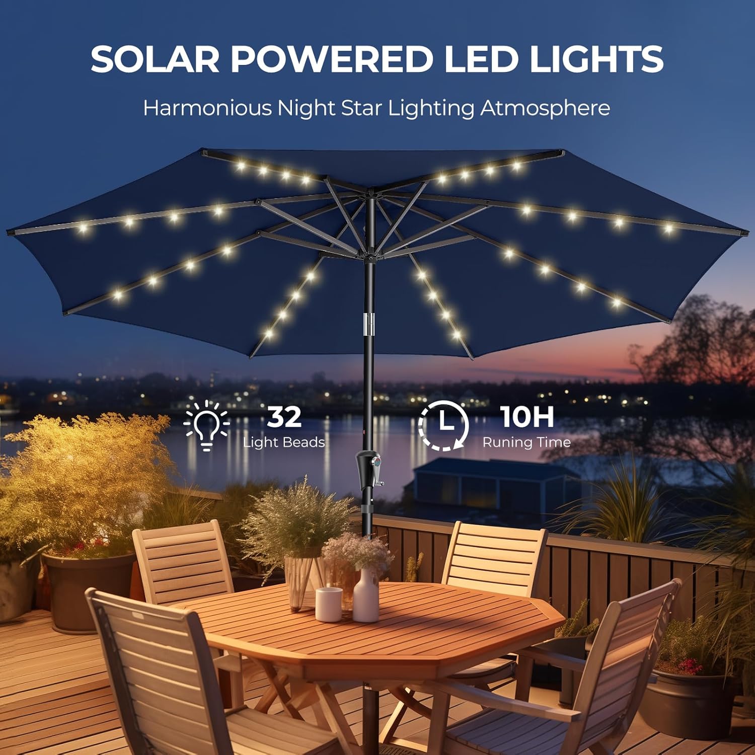 9 Feet Solar Patio Umbrella  LED Lighted Market Table Umbrella with Crank & Push Button Tilt
