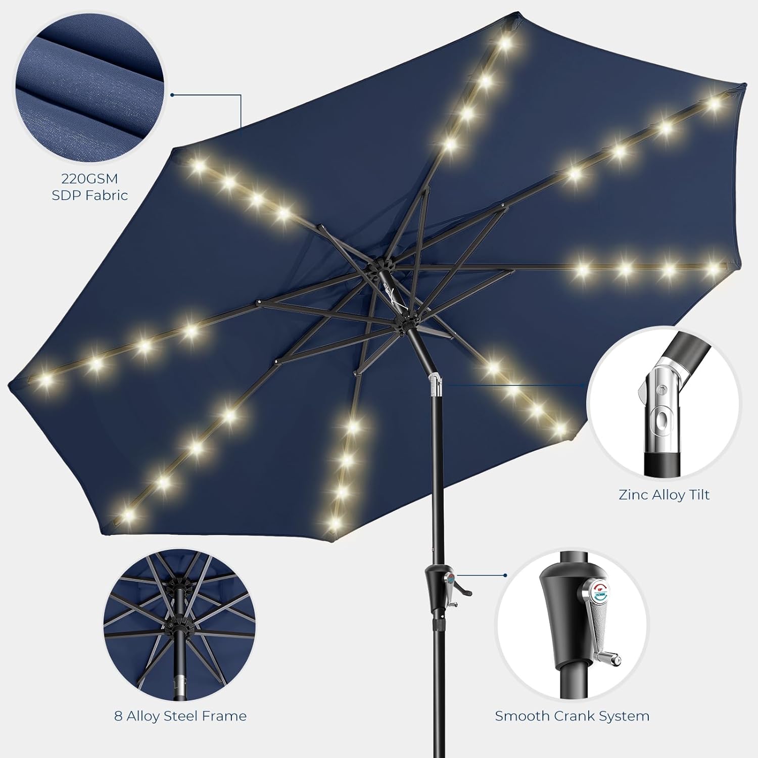 9 Feet Solar Patio Umbrella  LED Lighted Market Table Umbrella with Crank & Push Button Tilt