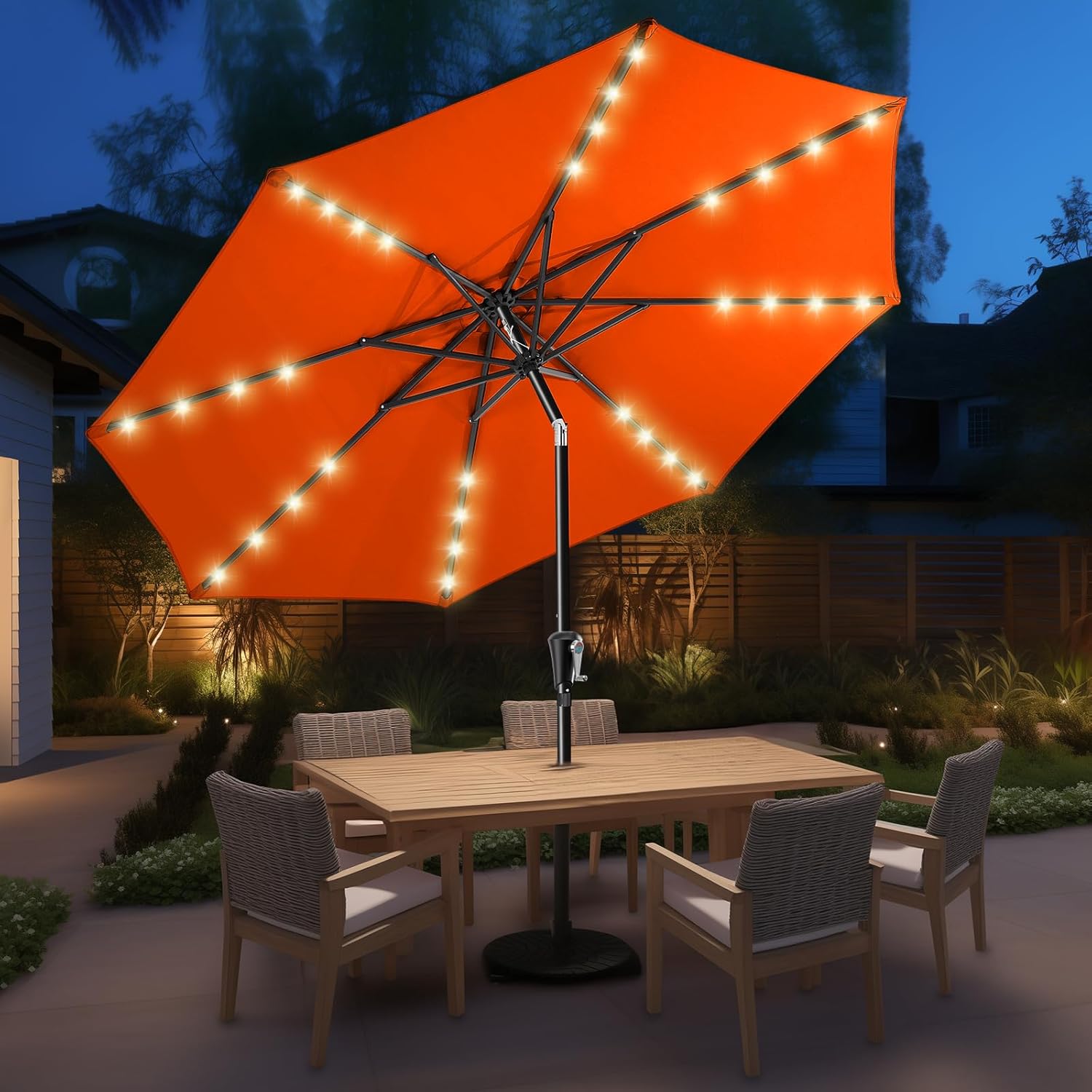 9 Feet Solar Patio Umbrella  LED Lighted Market Table Umbrella with Crank & Push Button Tilt