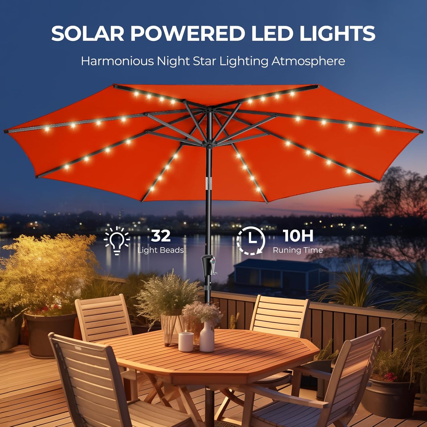 9 Feet Solar Patio Umbrella  LED Lighted Market Table Umbrella with Crank & Push Button Tilt