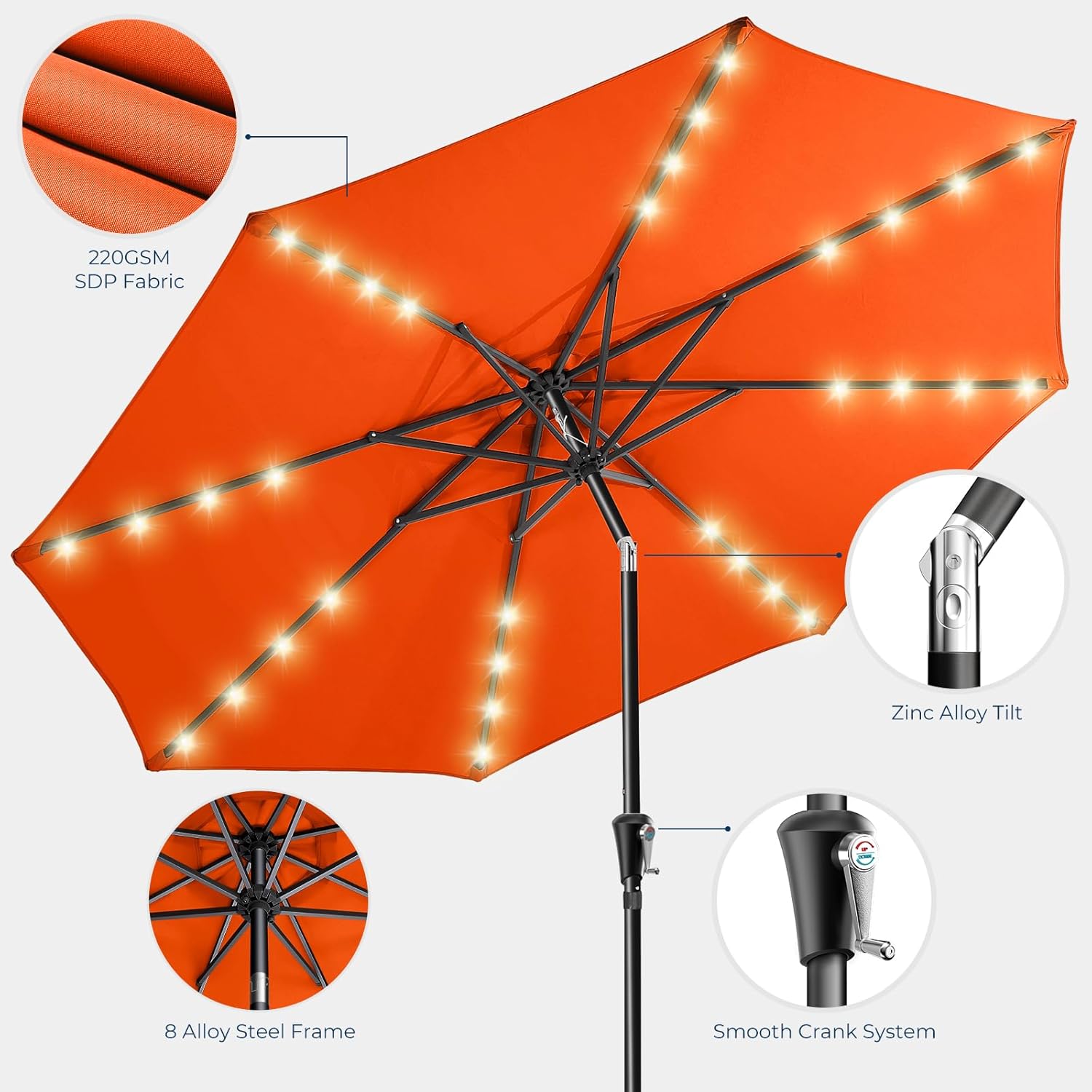 9 Feet Solar Patio Umbrella  LED Lighted Market Table Umbrella with Crank & Push Button Tilt