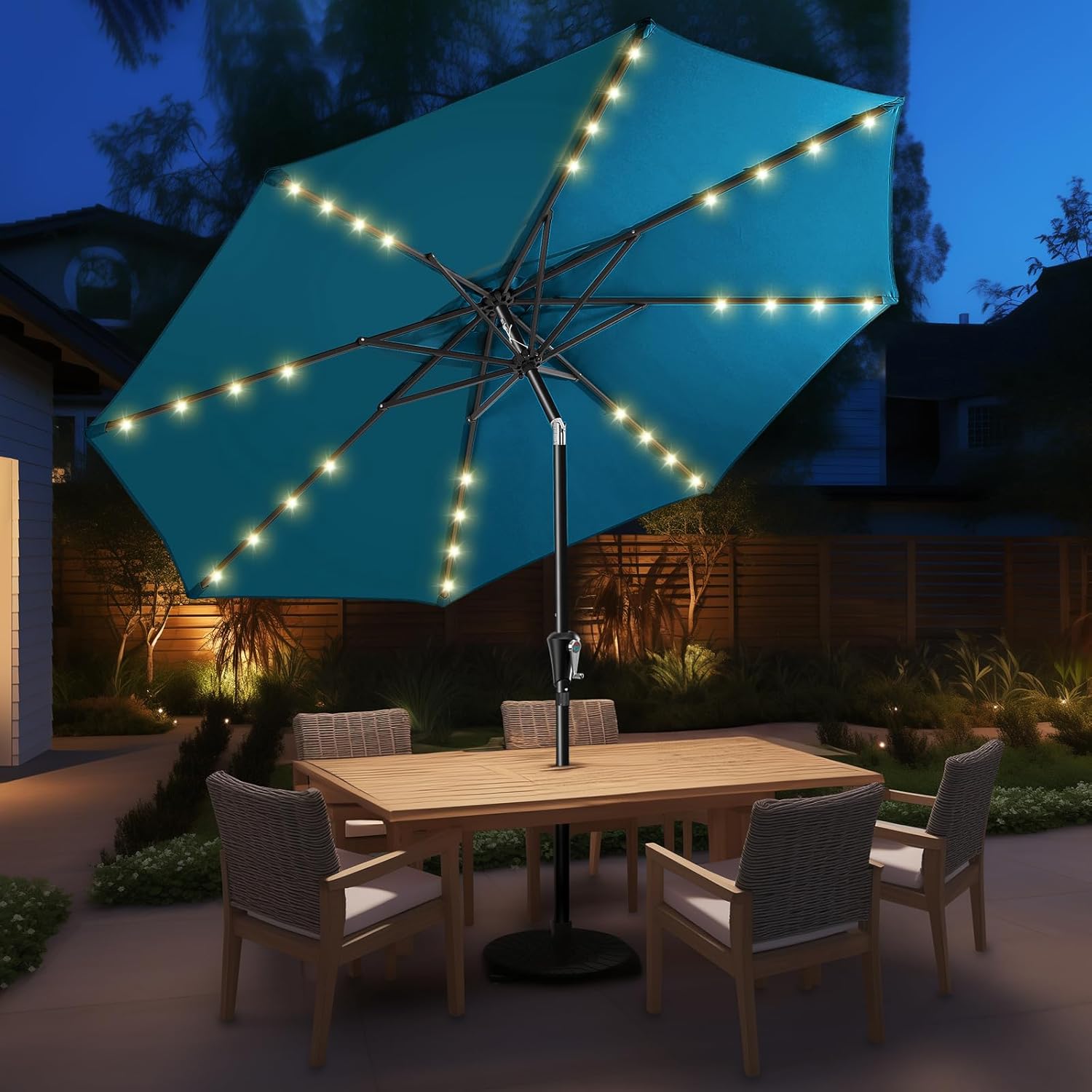 9 Feet Solar Patio Umbrella  LED Lighted Market Table Umbrella with Crank & Push Button Tilt