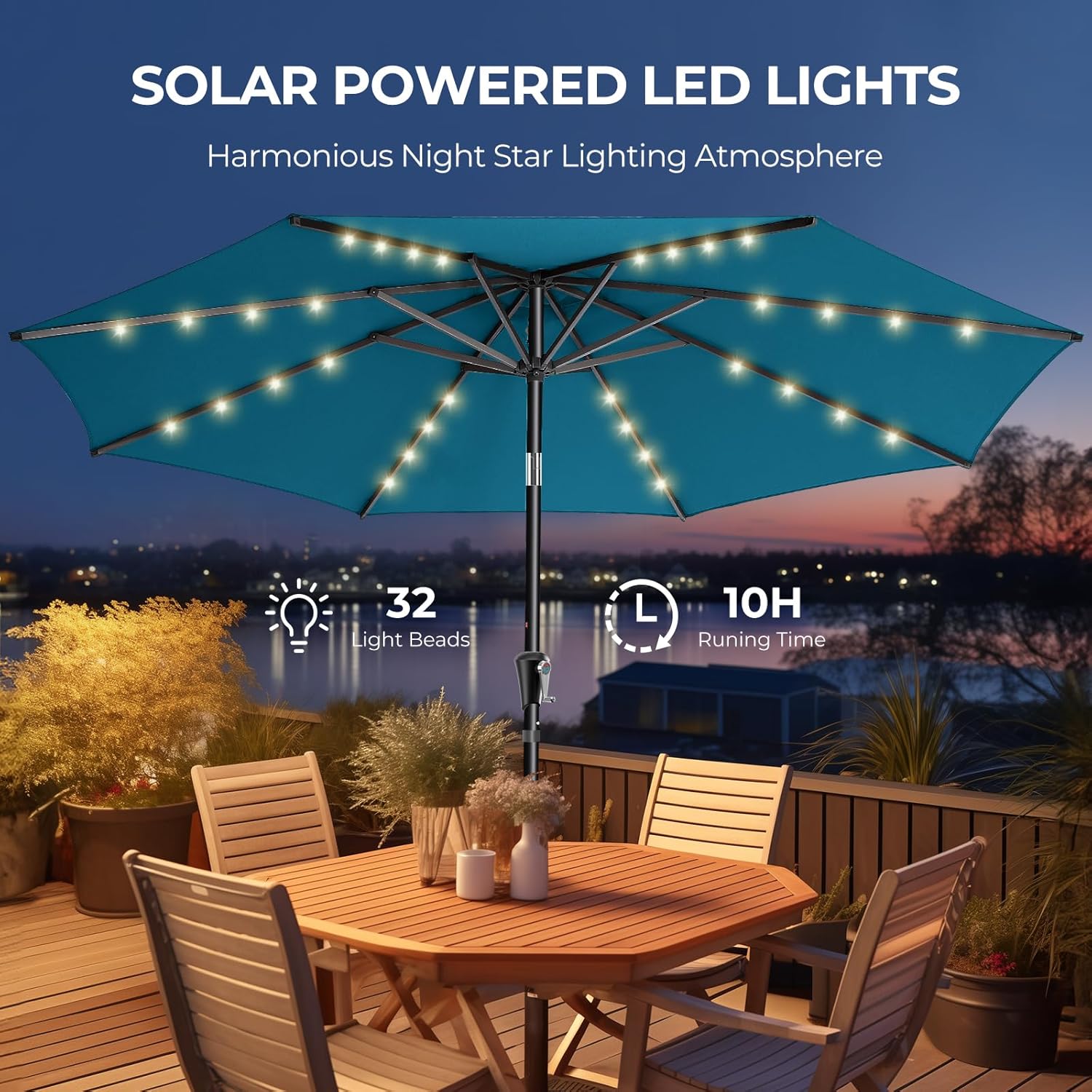 9 Feet Solar Patio Umbrella  LED Lighted Market Table Umbrella with Crank & Push Button Tilt