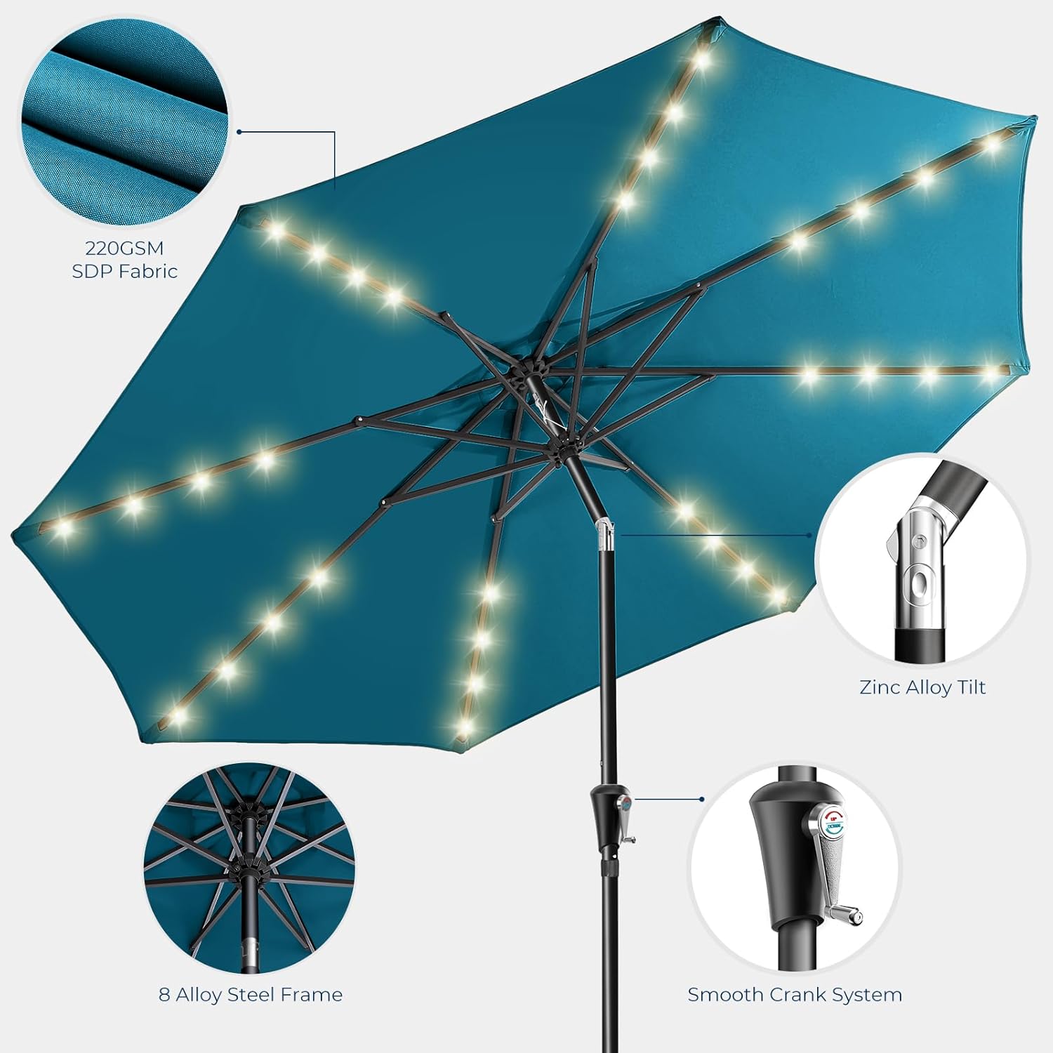 9 Feet Solar Patio Umbrella  LED Lighted Market Table Umbrella with Crank & Push Button Tilt