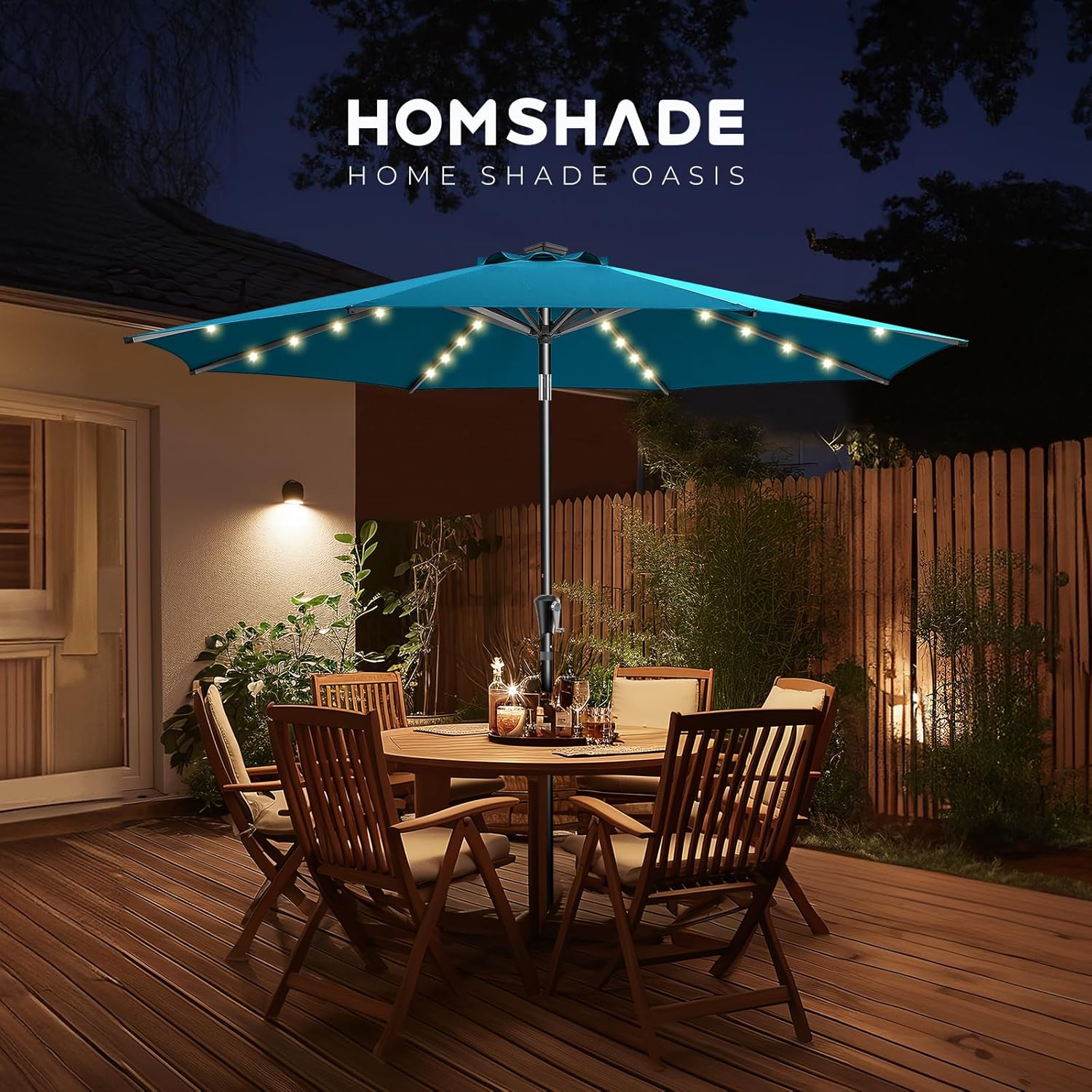 9 Feet Solar Patio Umbrella  LED Lighted Market Table Umbrella with Crank & Push Button Tilt