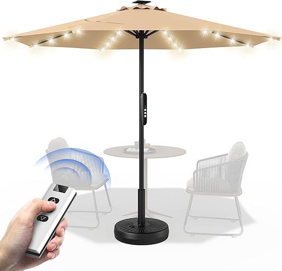 9 Feet Motorized Patio Umbrella with Remote Control, Outdoor Patio Umbrella with Solar Lights