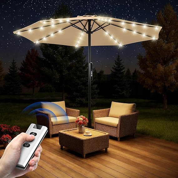 9 Feet Motorized Patio Umbrella with Remote Control, Outdoor Patio Umbrella with Solar Lights