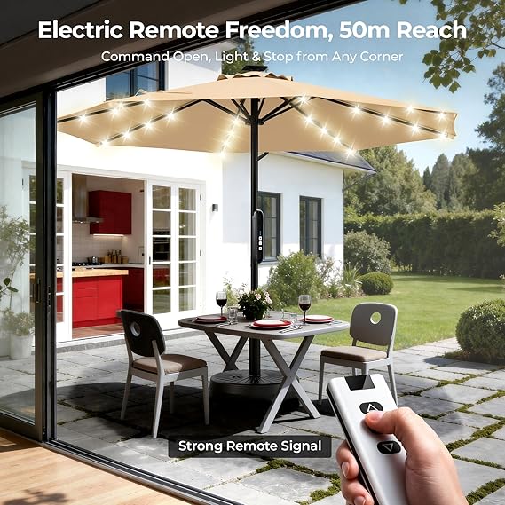 9 Feet Motorized Patio Umbrella with Remote Control, Outdoor Patio Umbrella with Solar Lights
