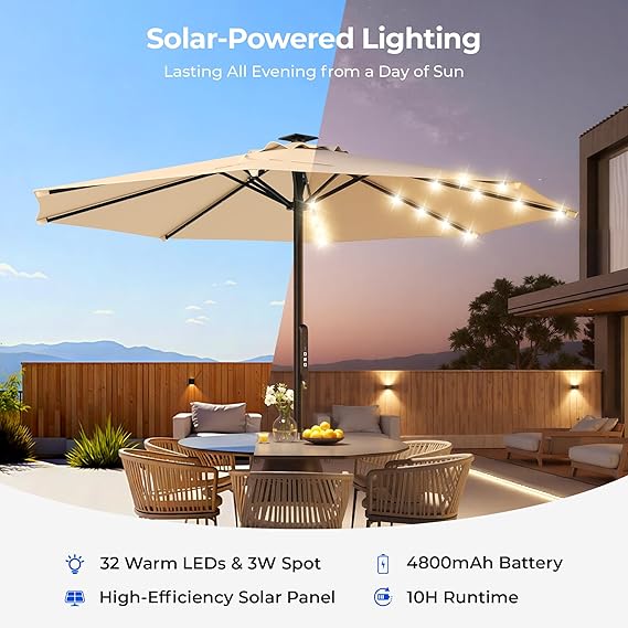 9 Feet Motorized Patio Umbrella with Remote Control, Outdoor Patio Umbrella with Solar Lights