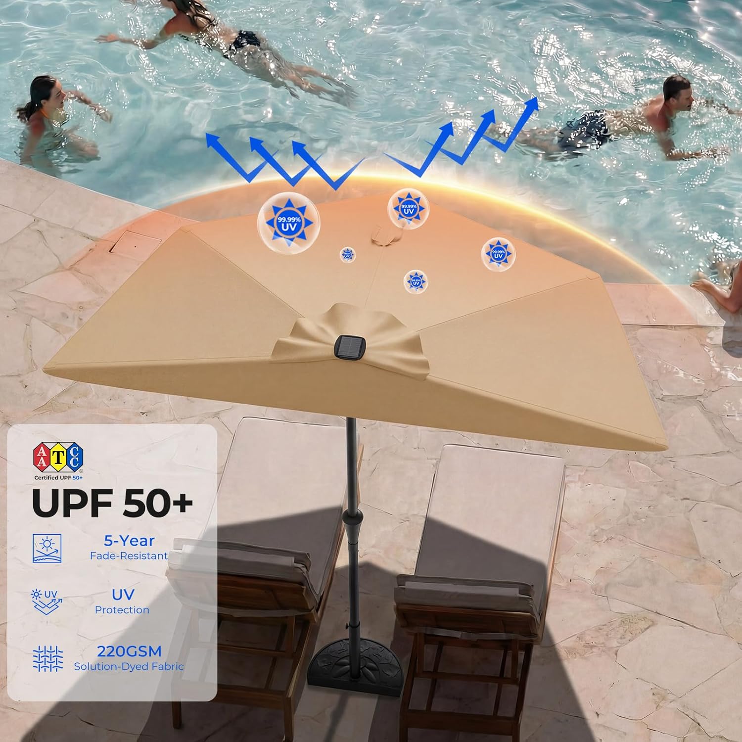 9 Feet Half Patio Umbrella with Solar LED Lights, Waterproof Half Market Umbrella