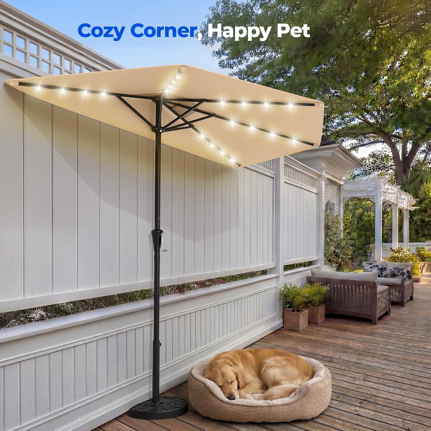 9 Feet Half Patio Umbrella with Solar LED Lights, Waterproof Half Market Umbrella