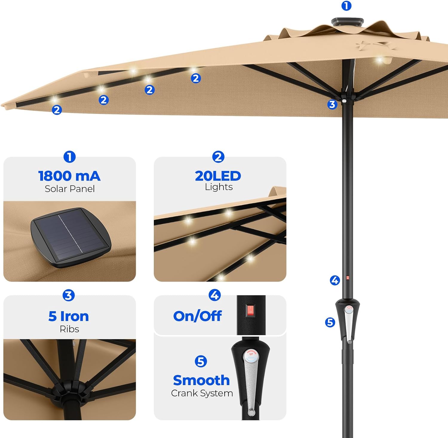 9 Feet Half Patio Umbrella with Solar LED Lights, Waterproof Half Market Umbrella