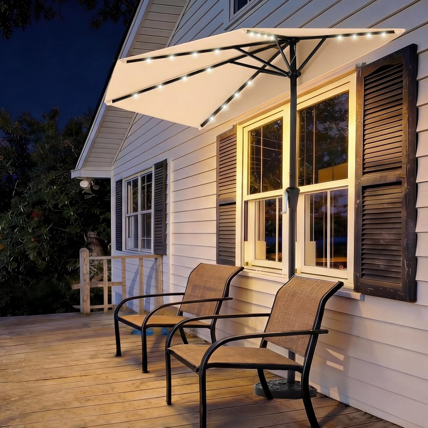 9 Feet Half Patio Umbrella with Solar LED Lights, Waterproof Half Market Umbrella