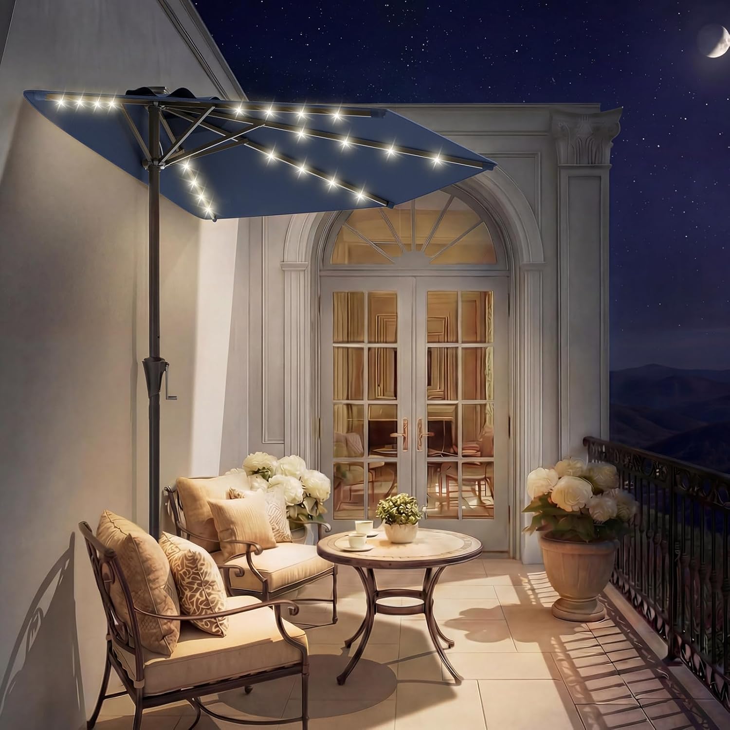 9 Feet Half Patio Umbrella with Solar LED Lights, Waterproof Half Market Umbrella