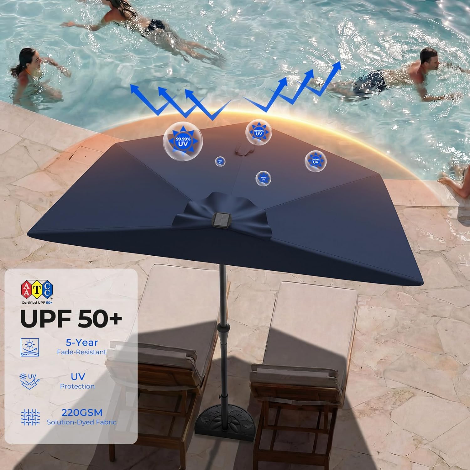 9 Feet Half Patio Umbrella with Solar LED Lights, Waterproof Half Market Umbrella