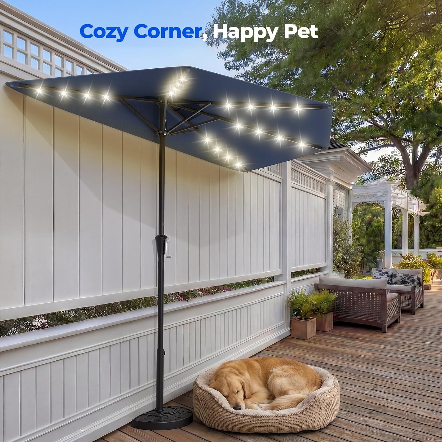 9 Feet Half Patio Umbrella with Solar LED Lights, Waterproof Half Market Umbrella