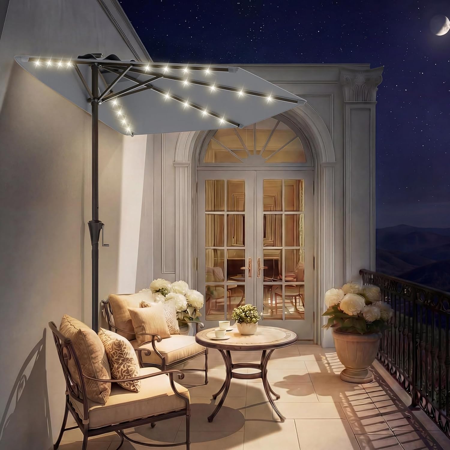 9 Feet Half Patio Umbrella with Solar LED Lights, Waterproof Half Market Umbrella