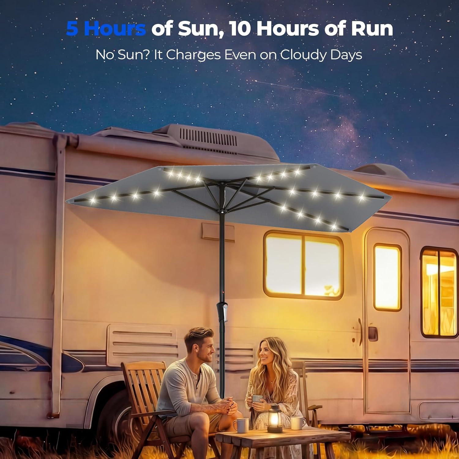 9 Feet Half Patio Umbrella with Solar LED Lights, Waterproof Half Market Umbrella