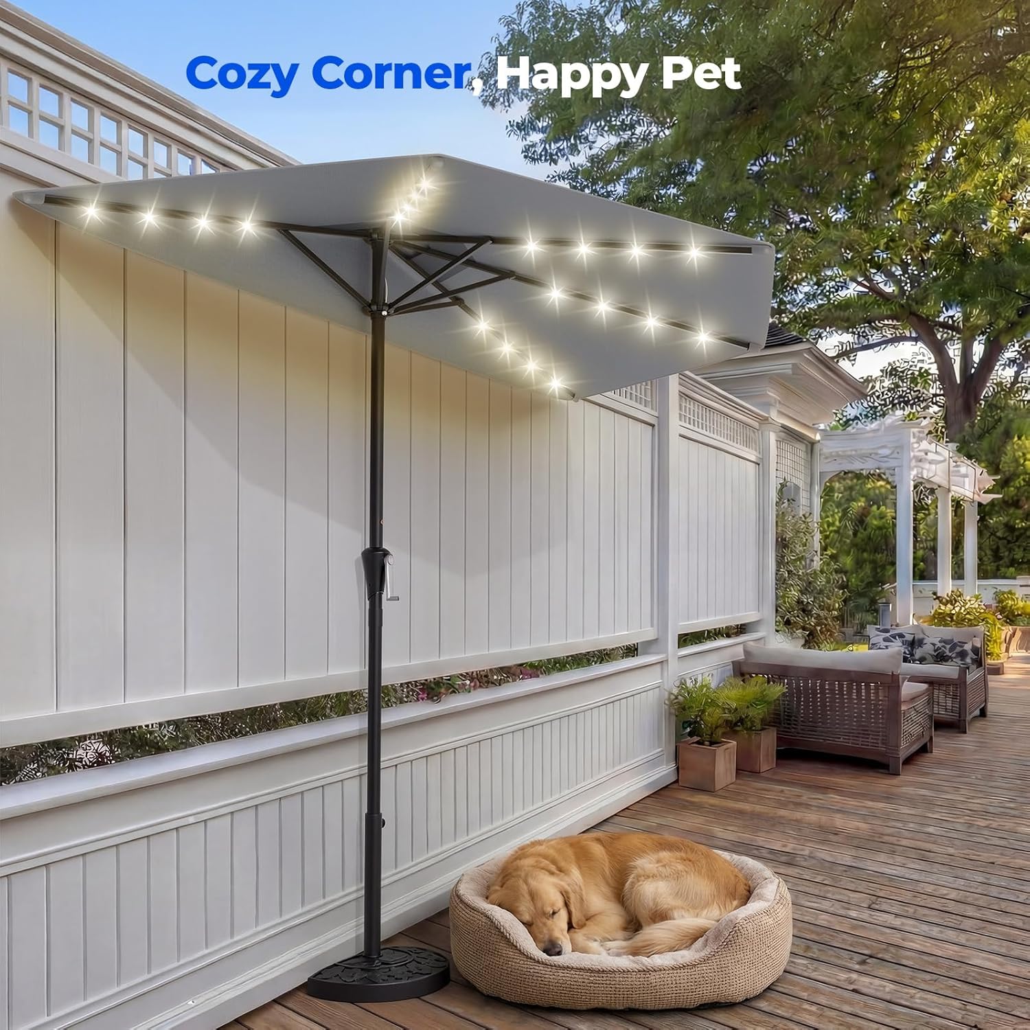 9 Feet Half Patio Umbrella with Solar LED Lights, Waterproof Half Market Umbrella