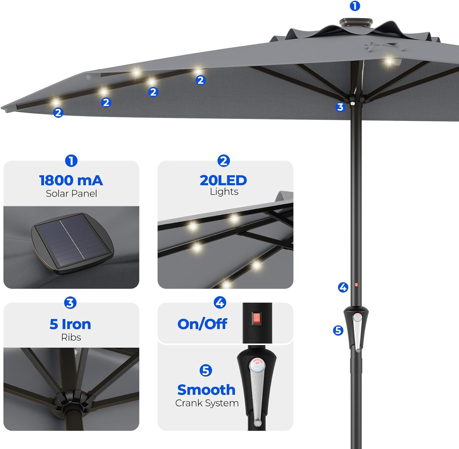 9 Feet Half Patio Umbrella with Solar LED Lights, Waterproof Half Market Umbrella