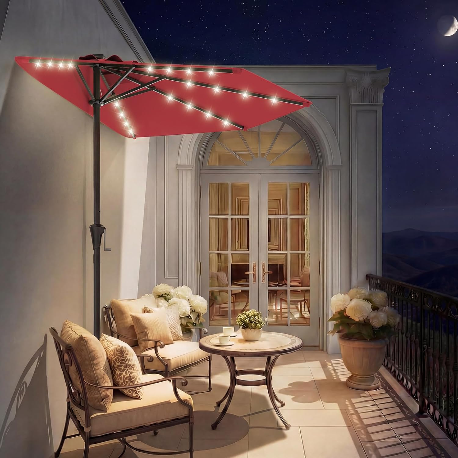 9 Feet Half Patio Umbrella with Solar LED Lights, Waterproof Half Market Umbrella