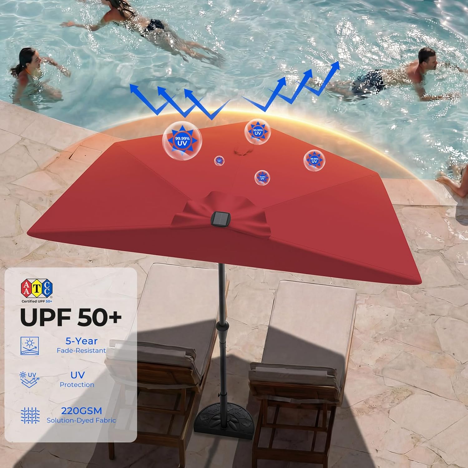 9 Feet Half Patio Umbrella with Solar LED Lights, Waterproof Half Market Umbrella
