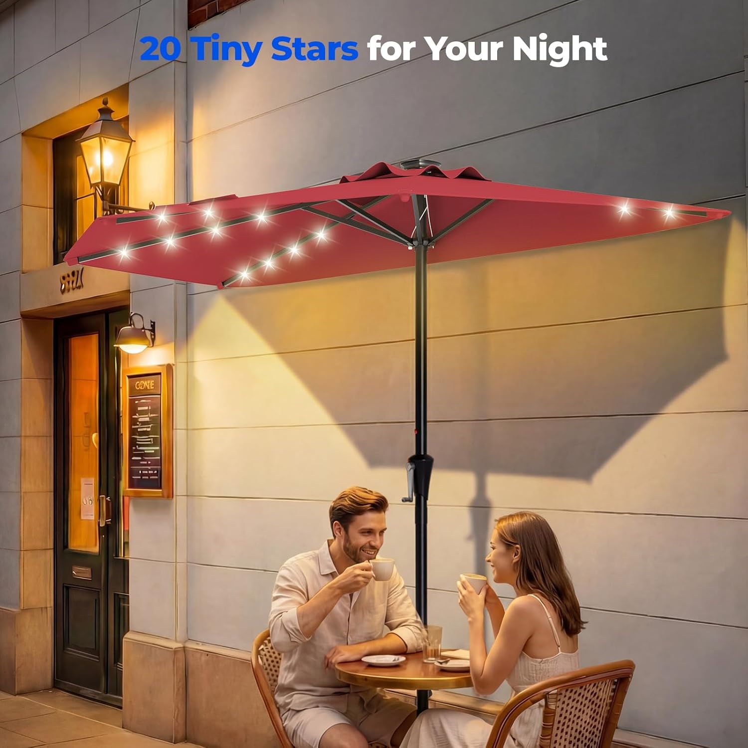 9 Feet Half Patio Umbrella with Solar LED Lights, Waterproof Half Market Umbrella