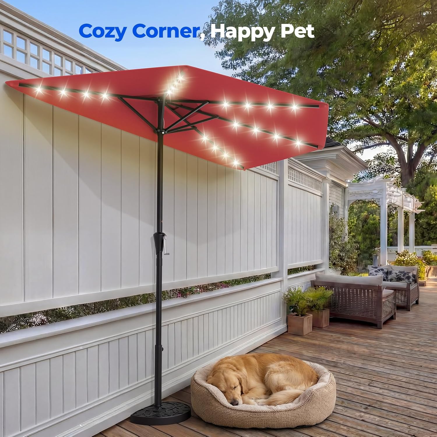 9 Feet Half Patio Umbrella with Solar LED Lights, Waterproof Half Market Umbrella