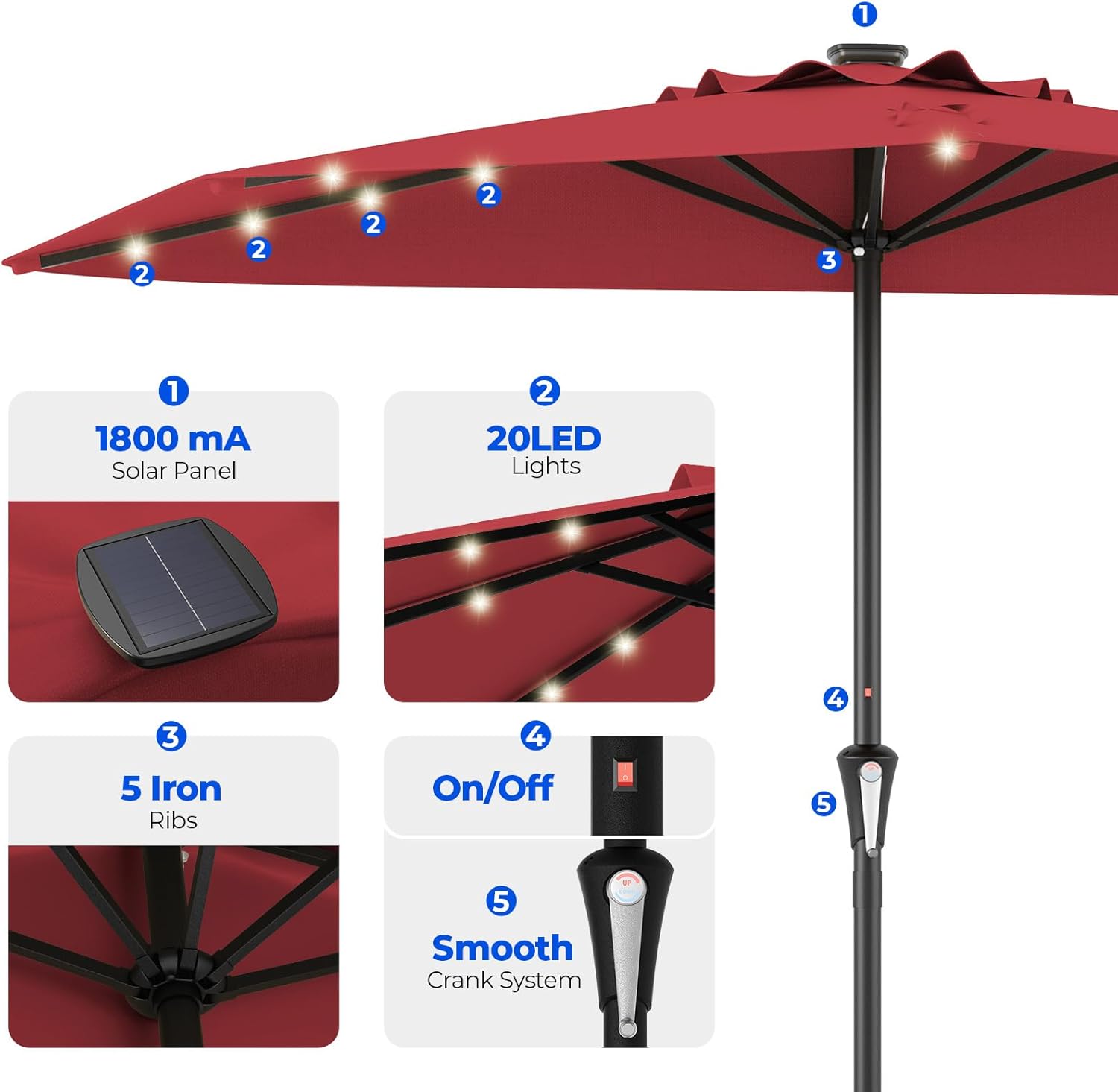 9 Feet Half Patio Umbrella with Solar LED Lights, Waterproof Half Market Umbrella