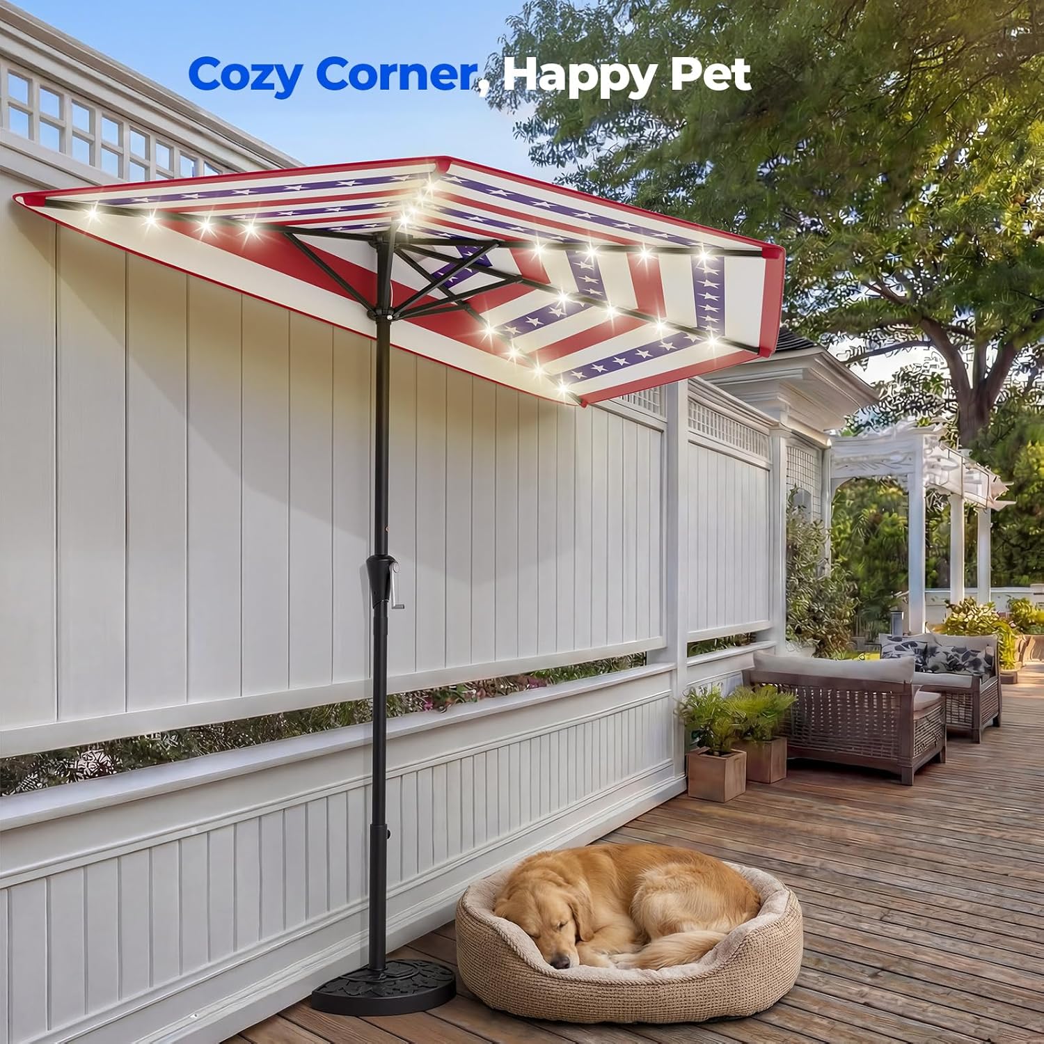 9 Feet Half Patio Umbrella with Solar LED Lights, Waterproof Half Market Umbrella
