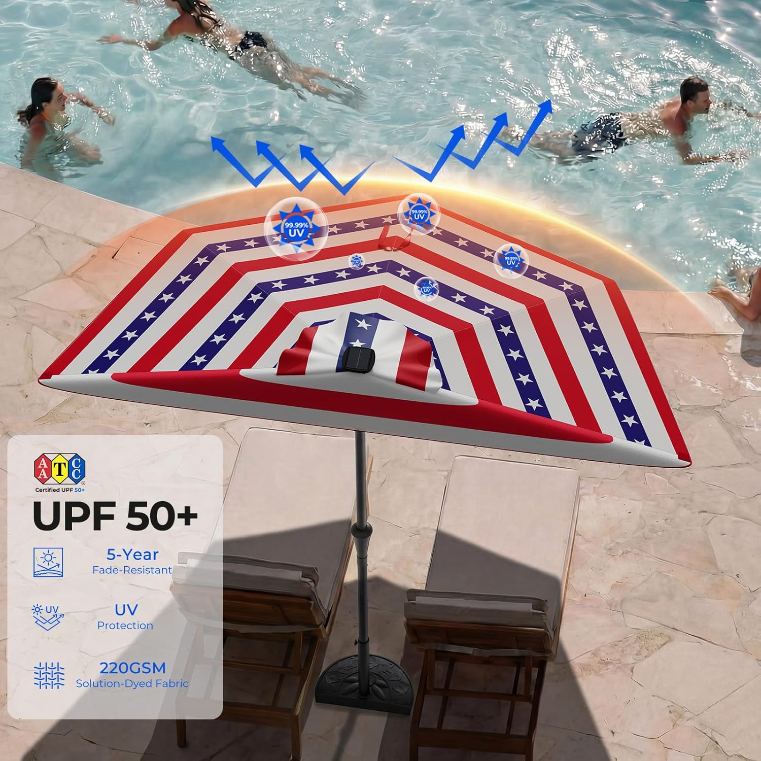 9 Feet Half Patio Umbrella with Solar LED Lights, Waterproof Half Market Umbrella