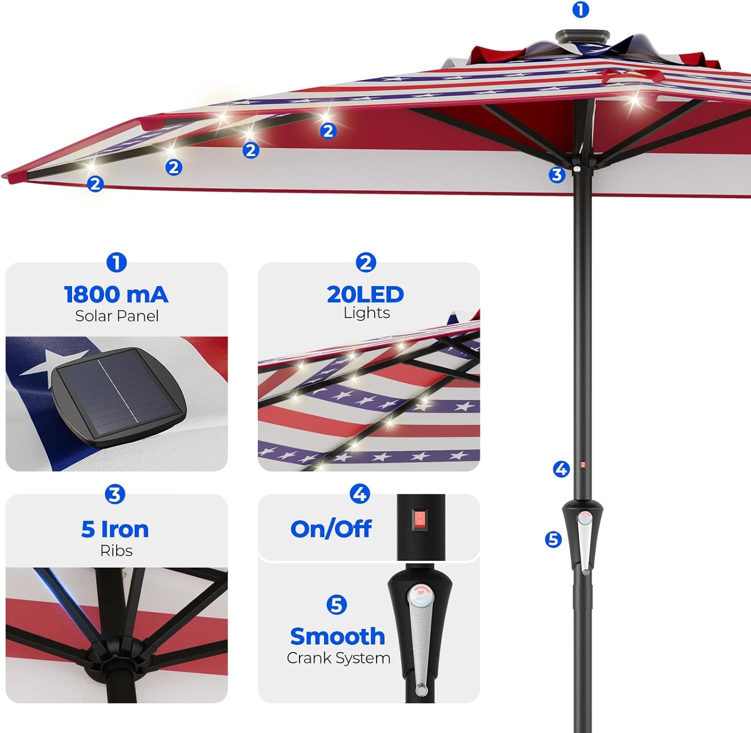 9 Feet Half Patio Umbrella with Solar LED Lights, Waterproof Half Market Umbrella