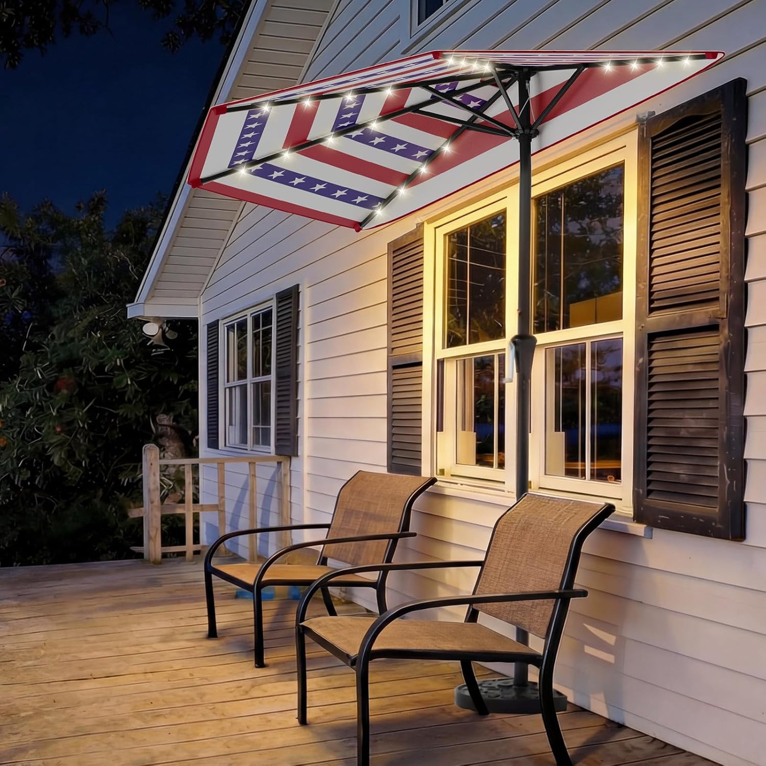 9 Feet Half Patio Umbrella with Solar LED Lights, Waterproof Half Market Umbrella