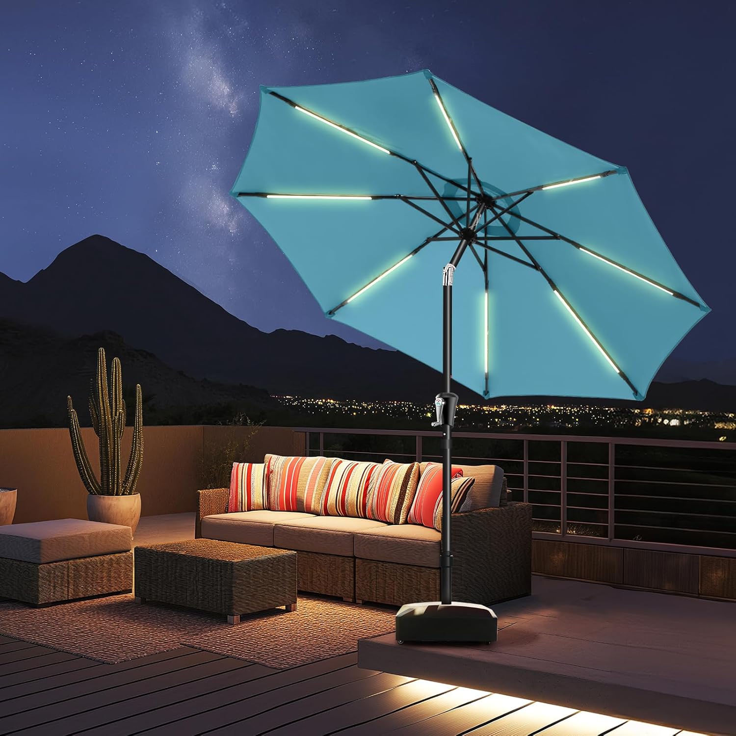 9 Feet Solar Patio Umbrella LED Lighted Market Umbrella with Crank & Push Button Tilt