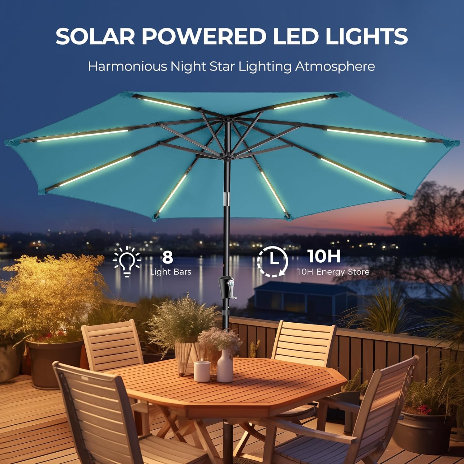 9 Feet Solar Patio Umbrella LED Lighted Market Umbrella with Crank & Push Button Tilt