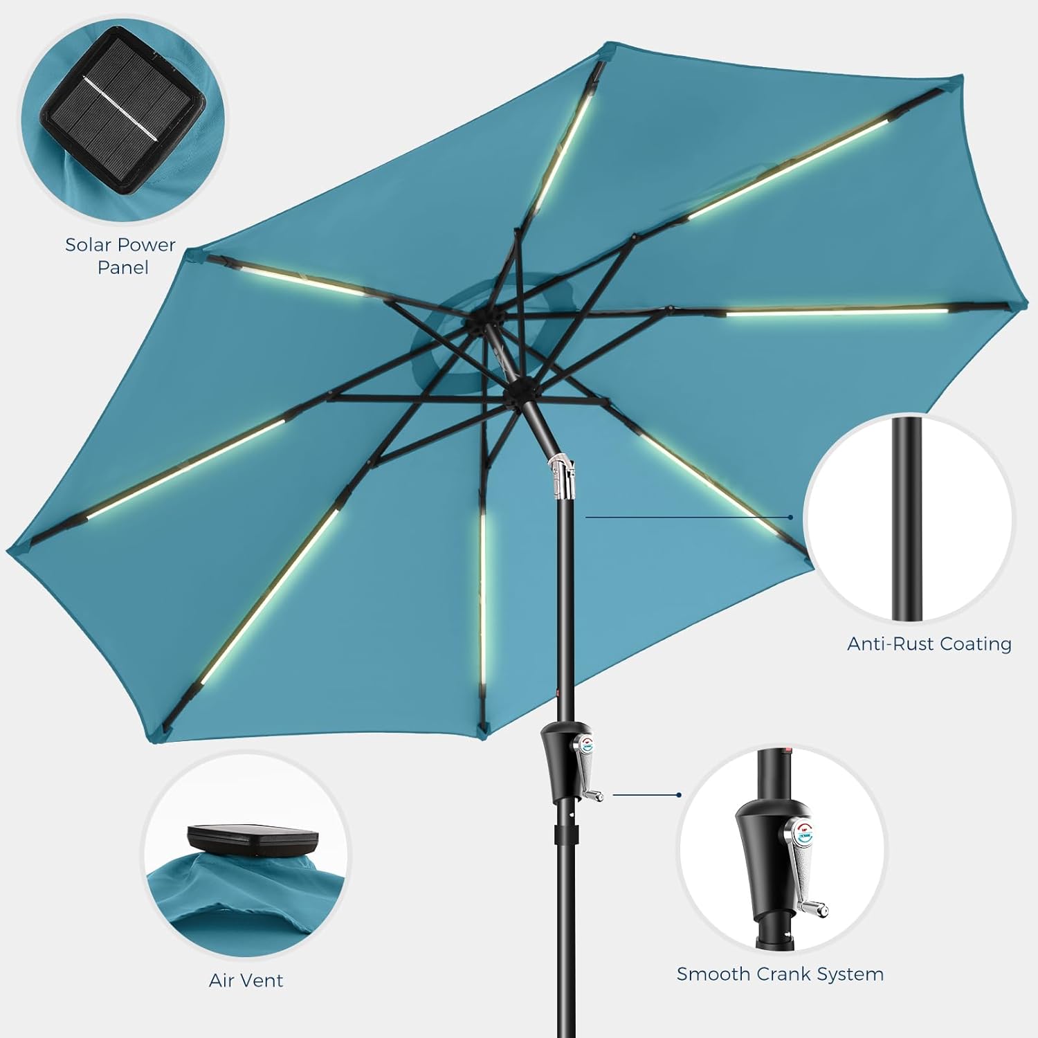 9 Feet Solar Patio Umbrella LED Lighted Market Umbrella with Crank & Push Button Tilt