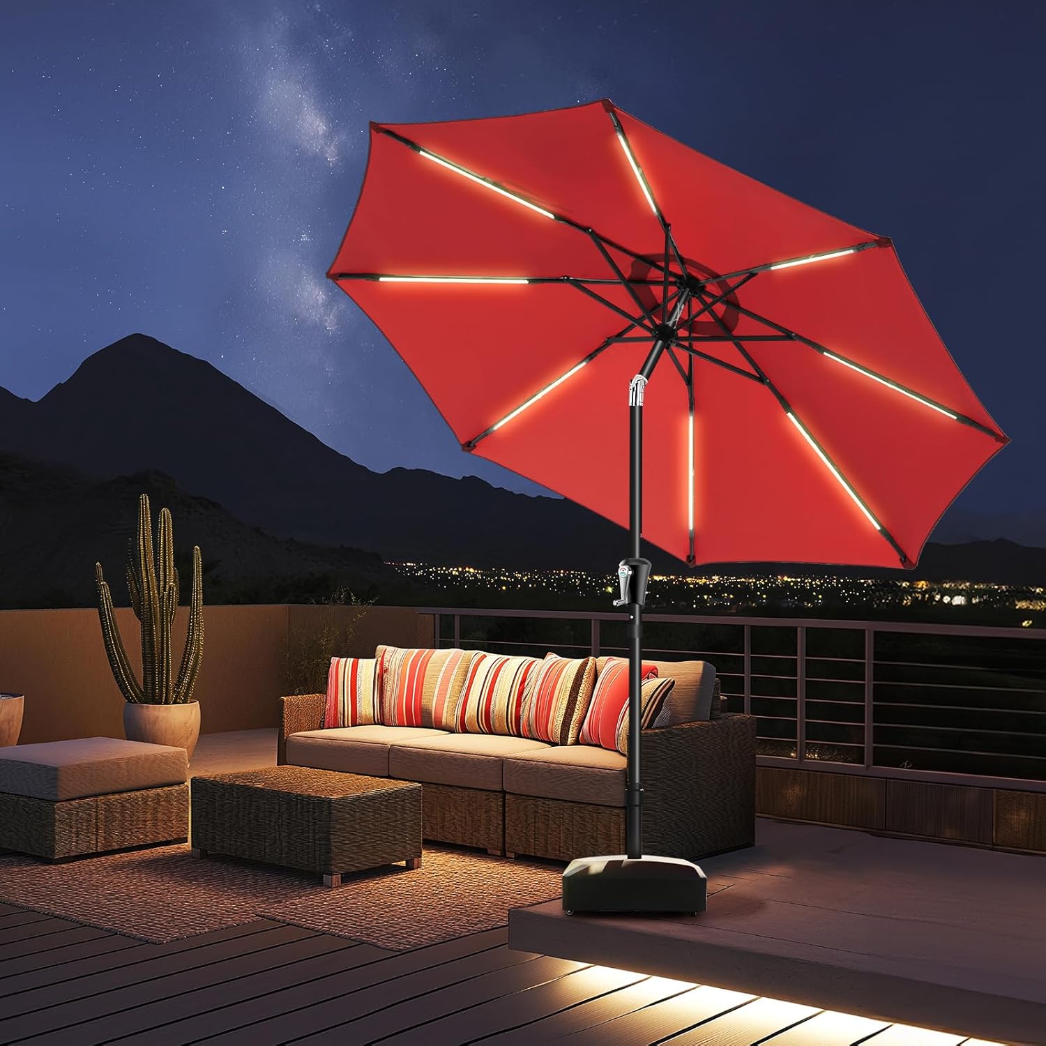 9 Feet Solar Patio Umbrella LED Lighted Market Umbrella with Crank & Push Button Tilt