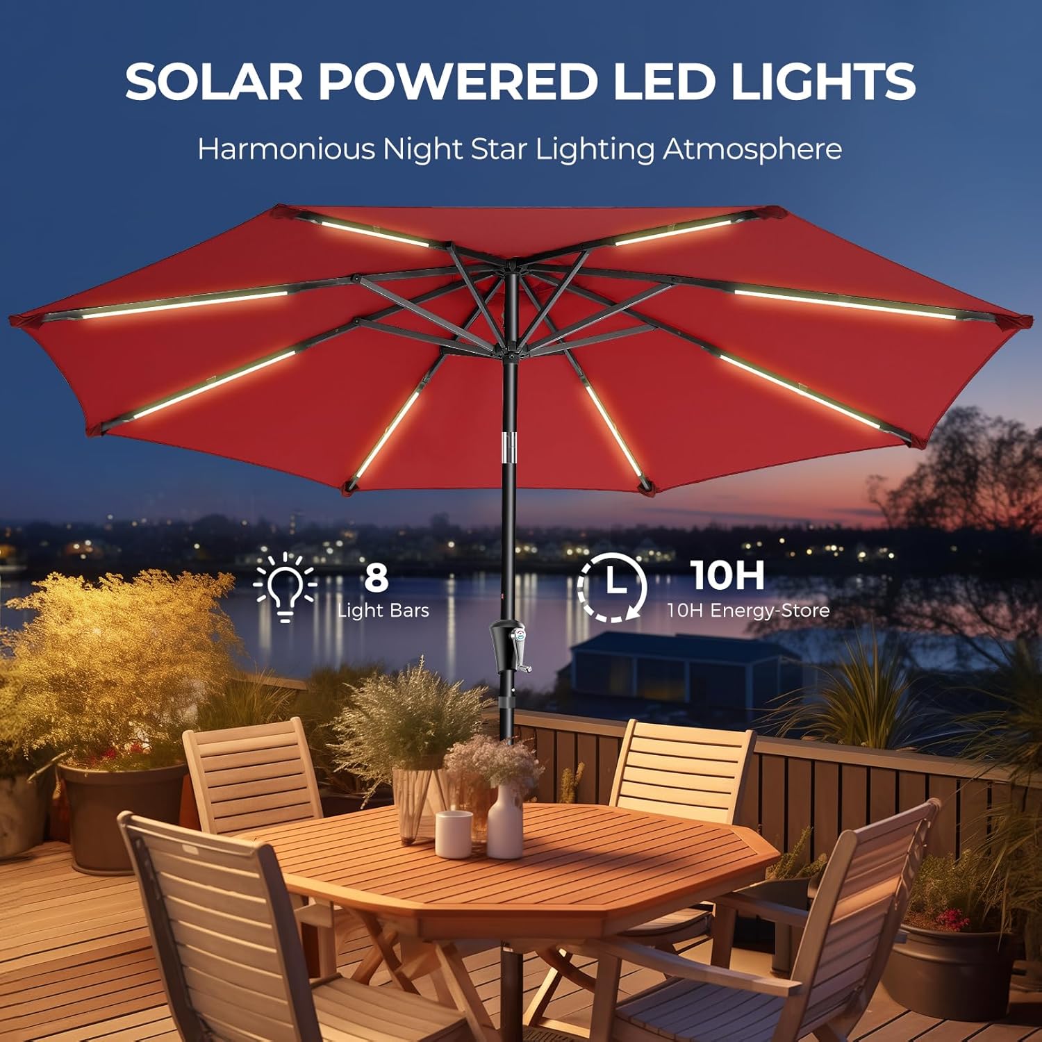 9 Feet Solar Patio Umbrella LED Lighted Market Umbrella with Crank & Push Button Tilt