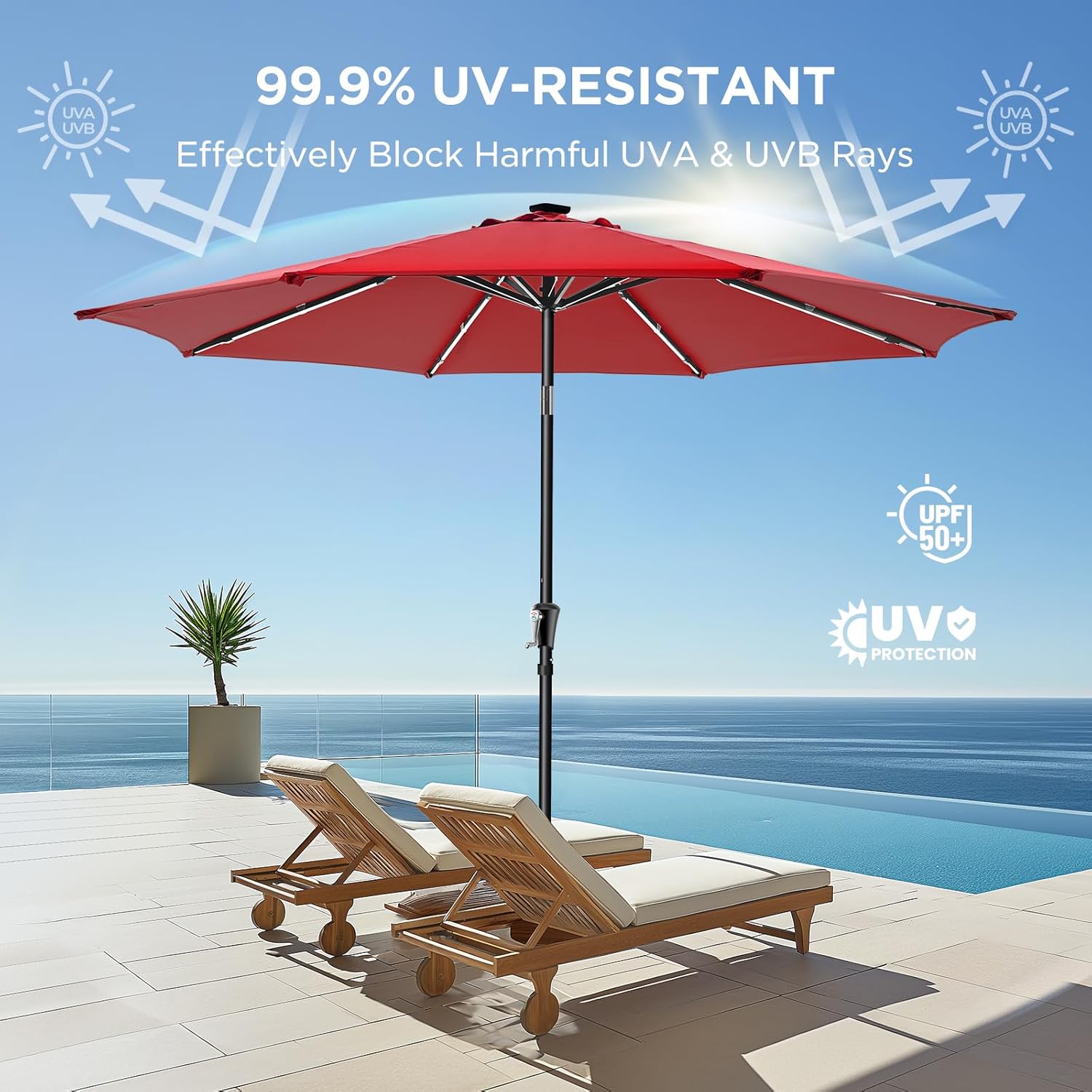 9 Feet Solar Patio Umbrella LED Lighted Market Umbrella with Crank & Push Button Tilt