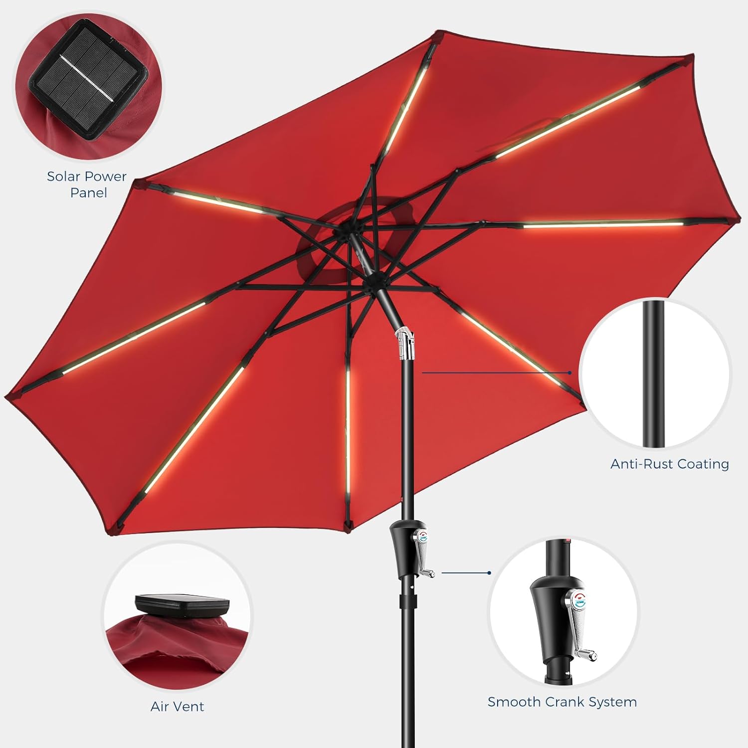 9 Feet Solar Patio Umbrella LED Lighted Market Umbrella with Crank & Push Button Tilt