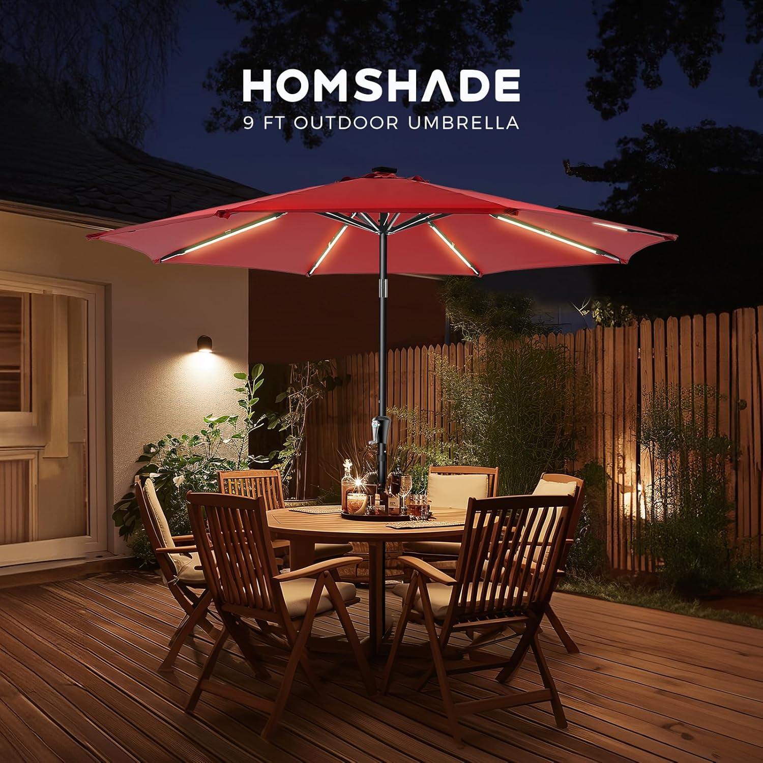 9 Feet Solar Patio Umbrella LED Lighted Market Umbrella with Crank & Push Button Tilt