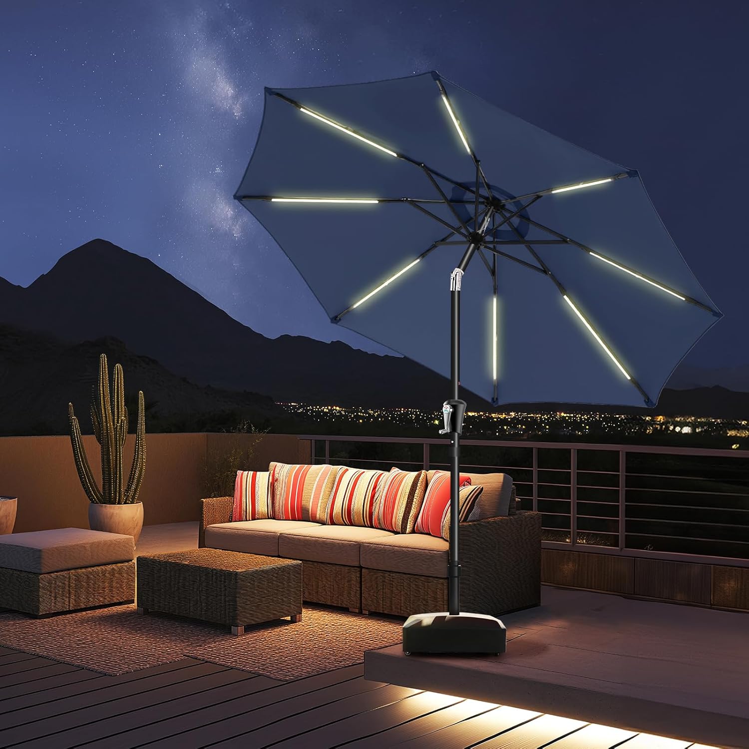 9 Feet Solar Patio Umbrella LED Lighted Market Umbrella with Crank & Push Button Tilt